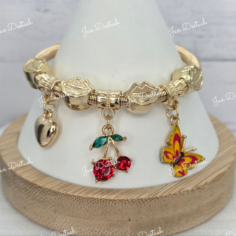 Silver Charm Bracelet with Heart, Cherry, and Butterfly BR232